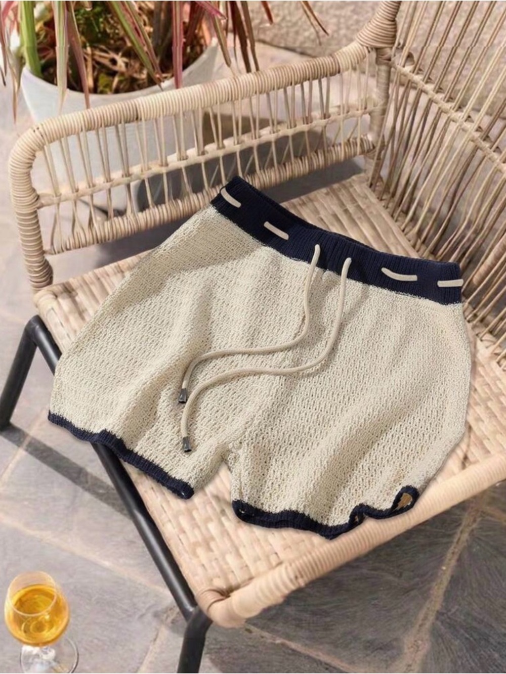 Casual Knit Drawstring Women's Shorts in Cream with Navy Trim